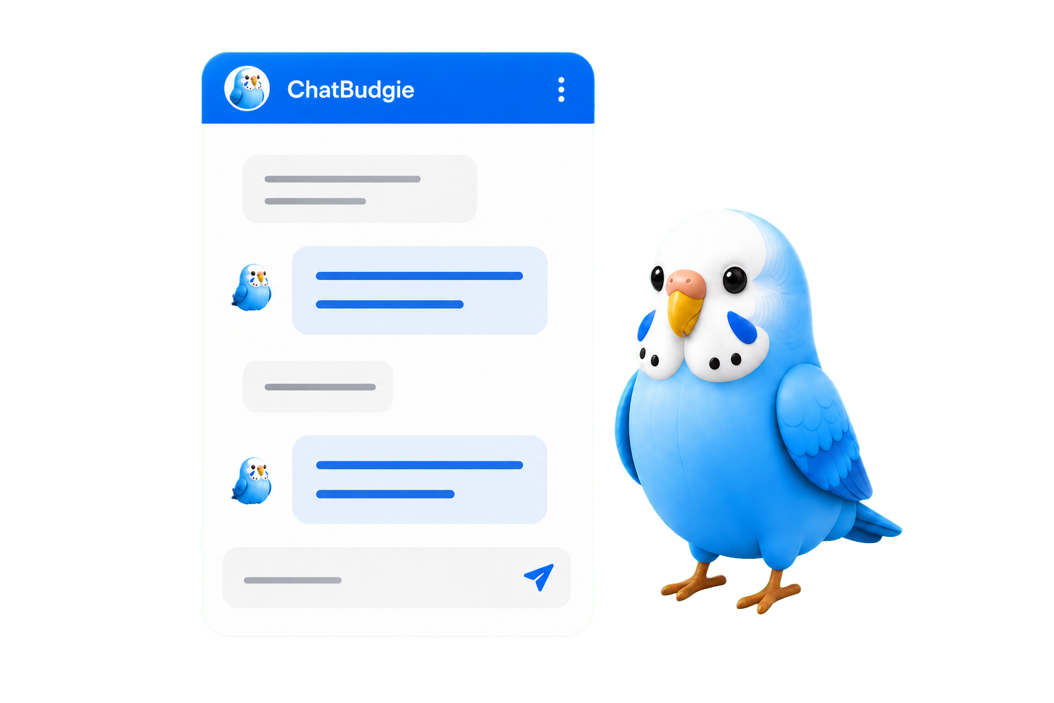 ChatBudgie chatbot interface with blue budgie mascot